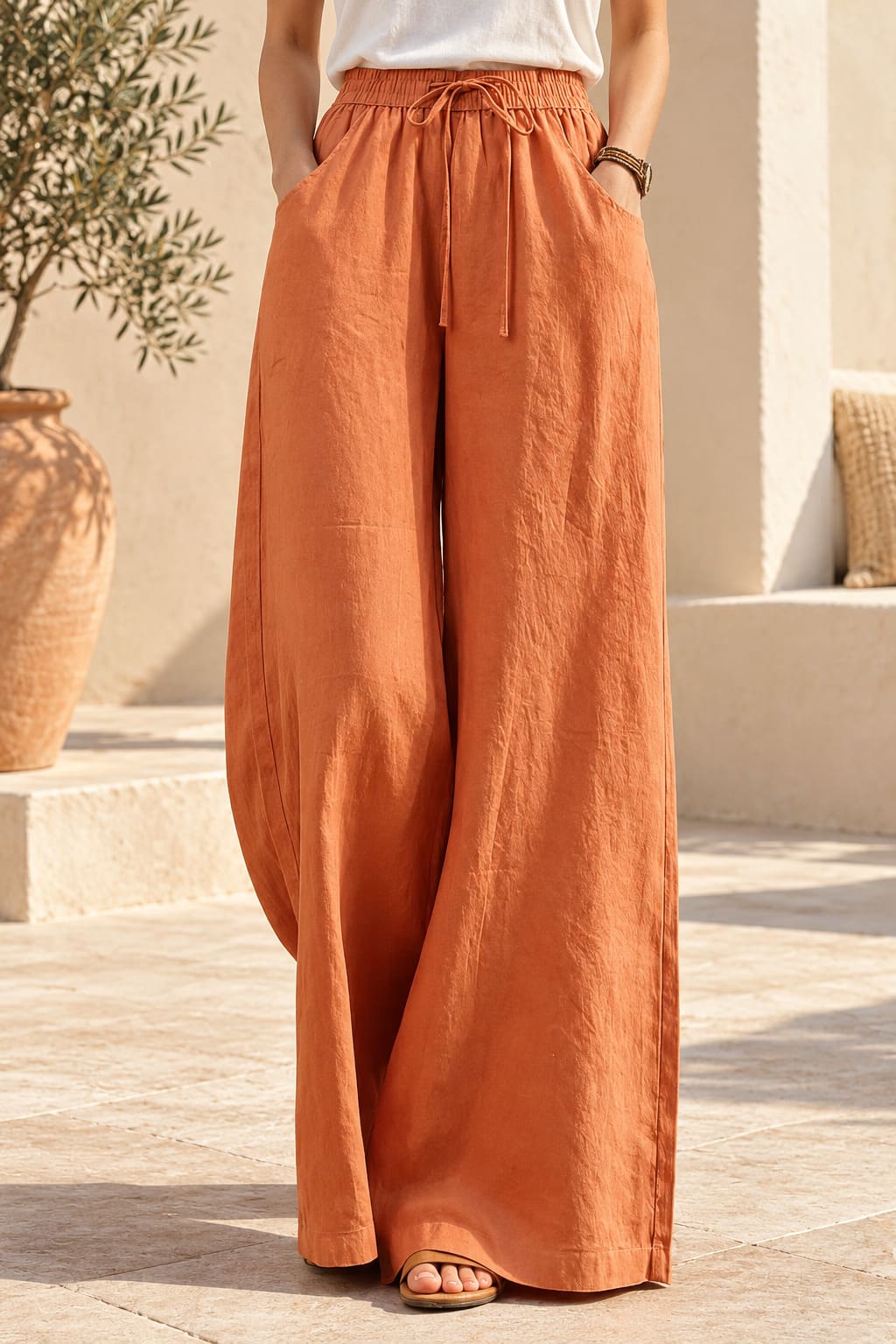 Pantalon Effet Lin Terracotta Femme