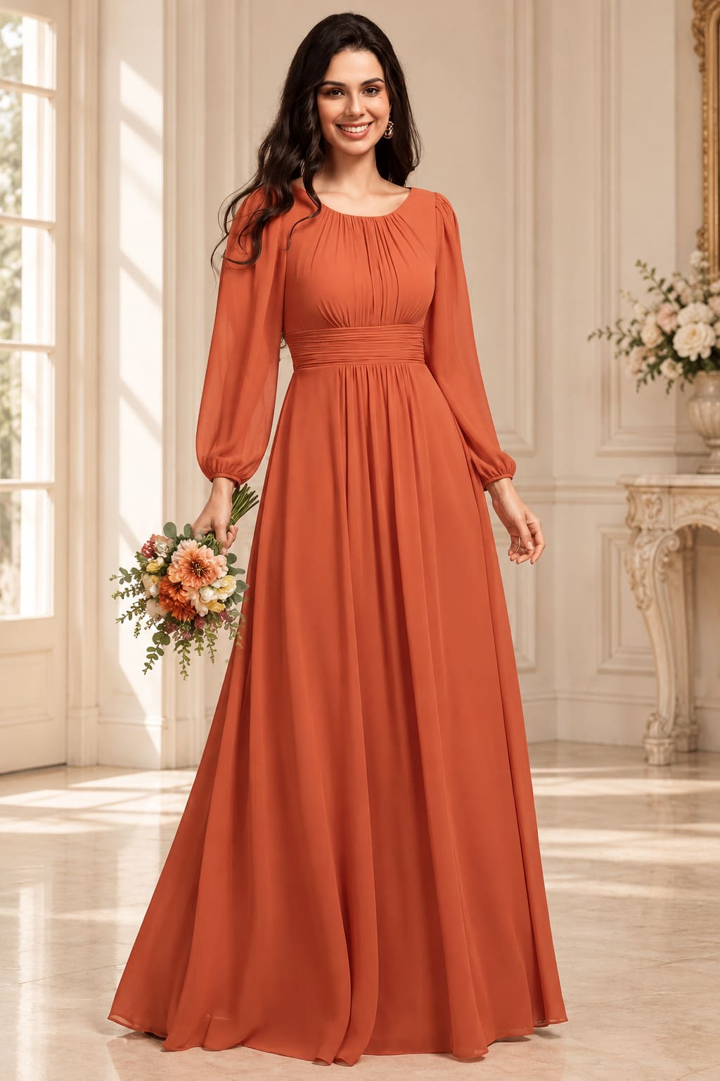 Robe Terracotta Longue Col en O