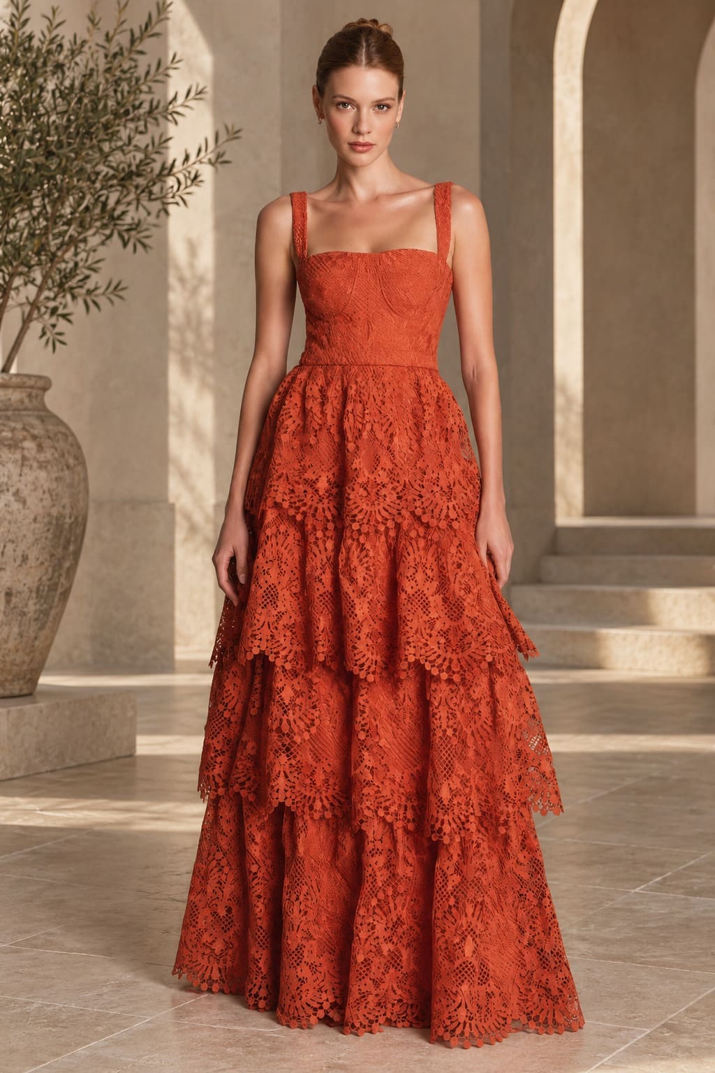 Robe Terracotta Maxi Volantée à Col Carré